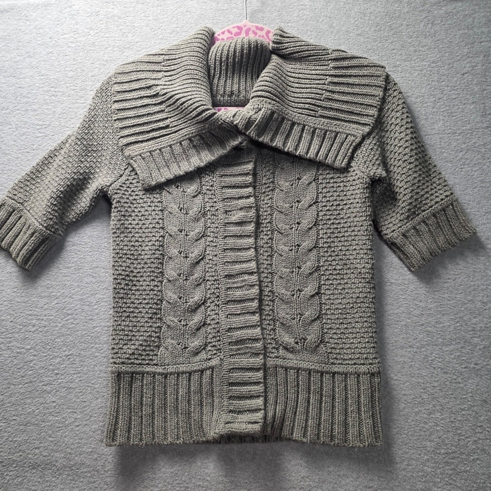 Cable Knit Cardigan Sweater Womens S Gray Oversized Collar Short Sleeve Chunky